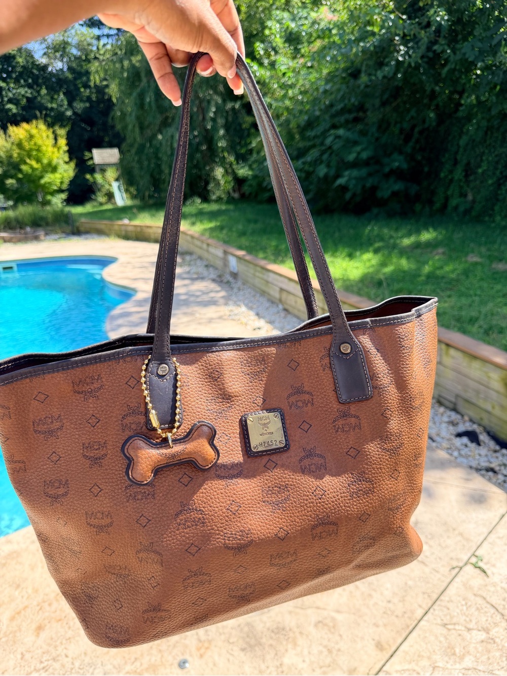 MCM Brown Visetos Logo Tote with Bone Charm